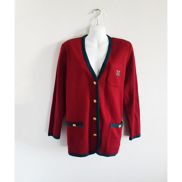 1990s Vintage Cozy Red and Green Wool Cardigan Size L, Vintage Red Cardigan - Picture 1 of 9
